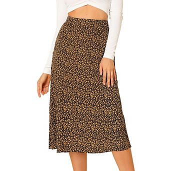 Women's Peasant Elastic Waist A-Line Leave Print Midi Skirt