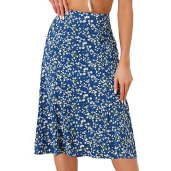 Women's Peasant Elastic Waist A-Line Leave Print Midi Skirt
