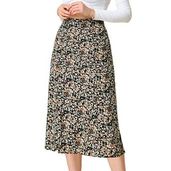 Women's Peasant Elastic Waist A-Line Leave Print Midi Skirt Navy Brown MEDIUM