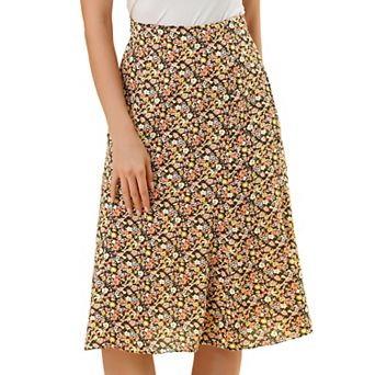 Women's Peasant Elastic Waist A-Line Leave Print Midi Skirt