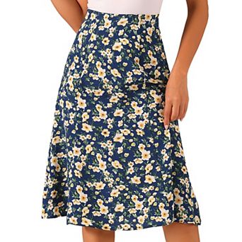 Women's Peasant Elastic Waist A-Line Leave Print Midi Skirt