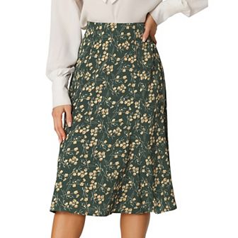 Women's Peasant Elastic Waist A-Line Leave Print Midi Skirt