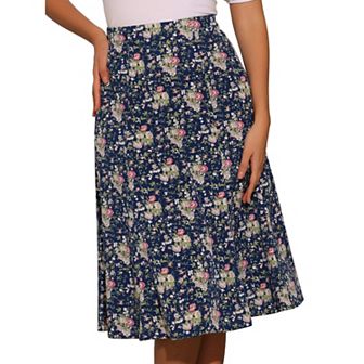 Women's Peasant Elastic Waist A-Line Leave Print Midi Skirt