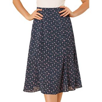 Women's Peasant Elastic Waist A-Line Leave Print Midi Skirt