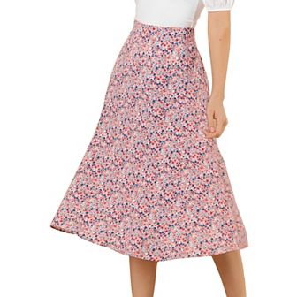Women's Peasant Elastic Waist A-Line Leave Print Midi Skirt