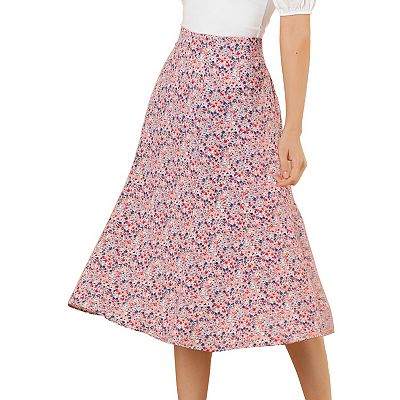 Allegra K Women s Print Peasant Elastic Waist A Line Midi Skirts Pink Medium