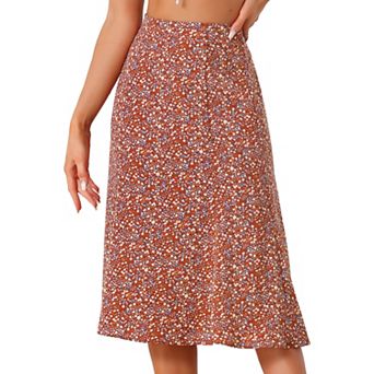 Women's Peasant Elastic Waist A-Line Leave Print Midi Skirt