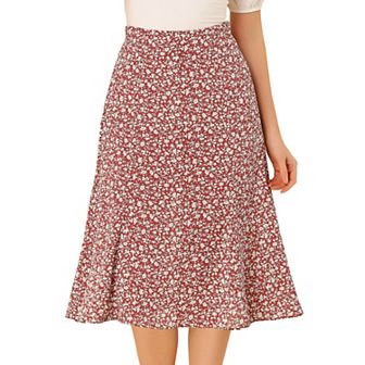 Women's Peasant Elastic Waist A-Line Leave Print Midi Skirt