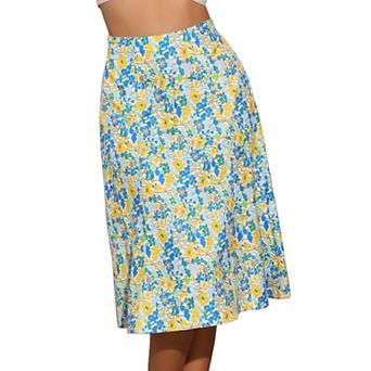 Women's Peasant Elastic Waist A-Line Leave Print Midi Skirt