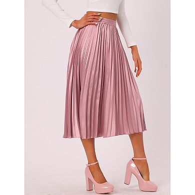 Women's Elastic Waist Metallic Shiny Accordion Pleated Midi Skirt