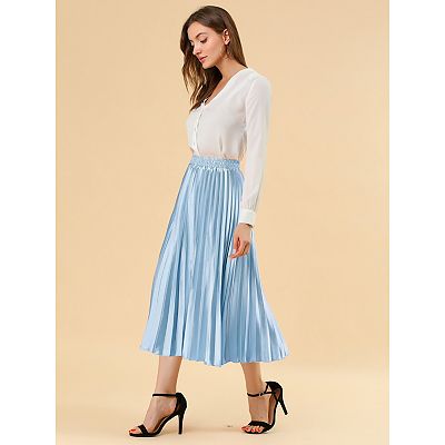 Women's Elastic Waist Metallic Shiny Accordion Pleated Midi