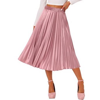 Women's Elastic Waist Metallic Shiny Accordion Pleated Midi Skirt