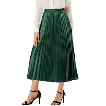 Women's Elastic Waist Metallic Shiny Accordion Pleated Midi Skirt