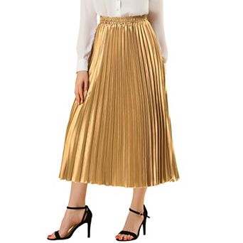 Women's Elastic Waist Metallic Shiny Accordion Pleated Midi Skirt