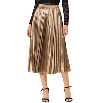 Women's Elastic Waist Metallic Shiny Accordion Pleated Midi Skirt