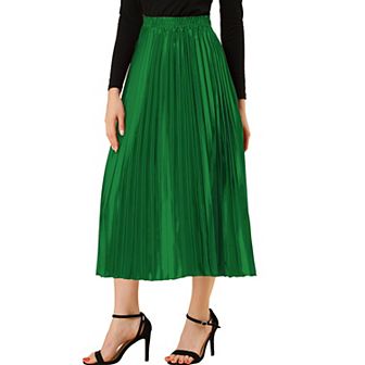 Women's Elastic Waist Metallic Shiny Accordion Pleated Midi Skirt