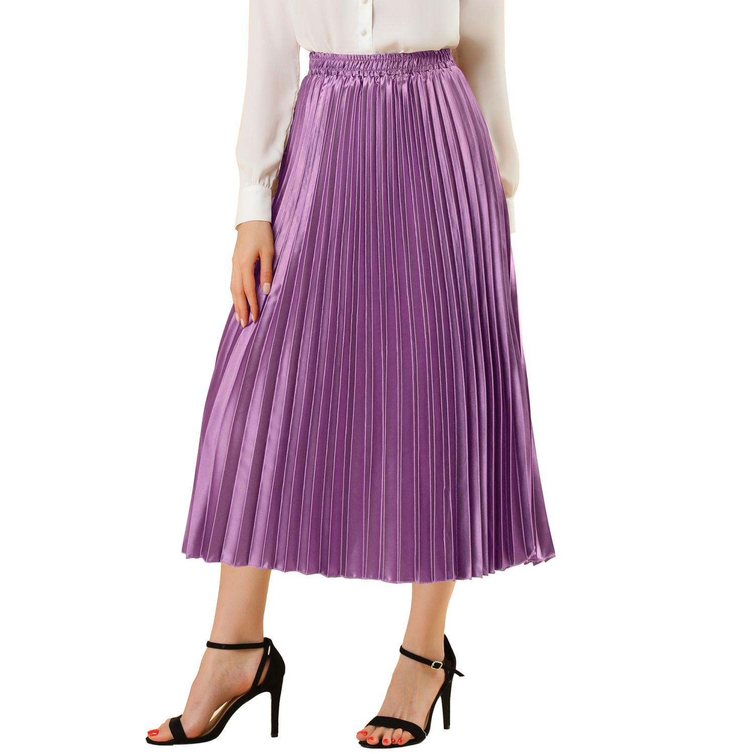 Women's Elastic Waist Metallic Shiny Accordion Pleated Midi Skirt