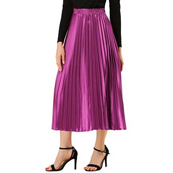 Women's Elastic Waist Metallic Shiny Accordion Pleated Midi Skirt