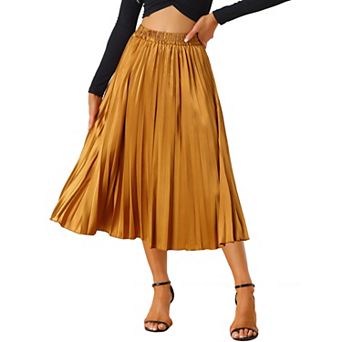 Women's Elastic Waist Metallic Shiny Accordion Pleated Midi Skirt