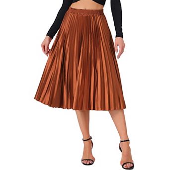Women's Elastic Waist Metallic Shiny Accordion Pleated Midi Skirt