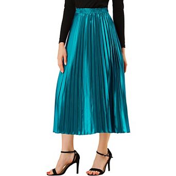 Women's Elastic Waist Metallic Shiny Accordion Pleated Midi Skirt