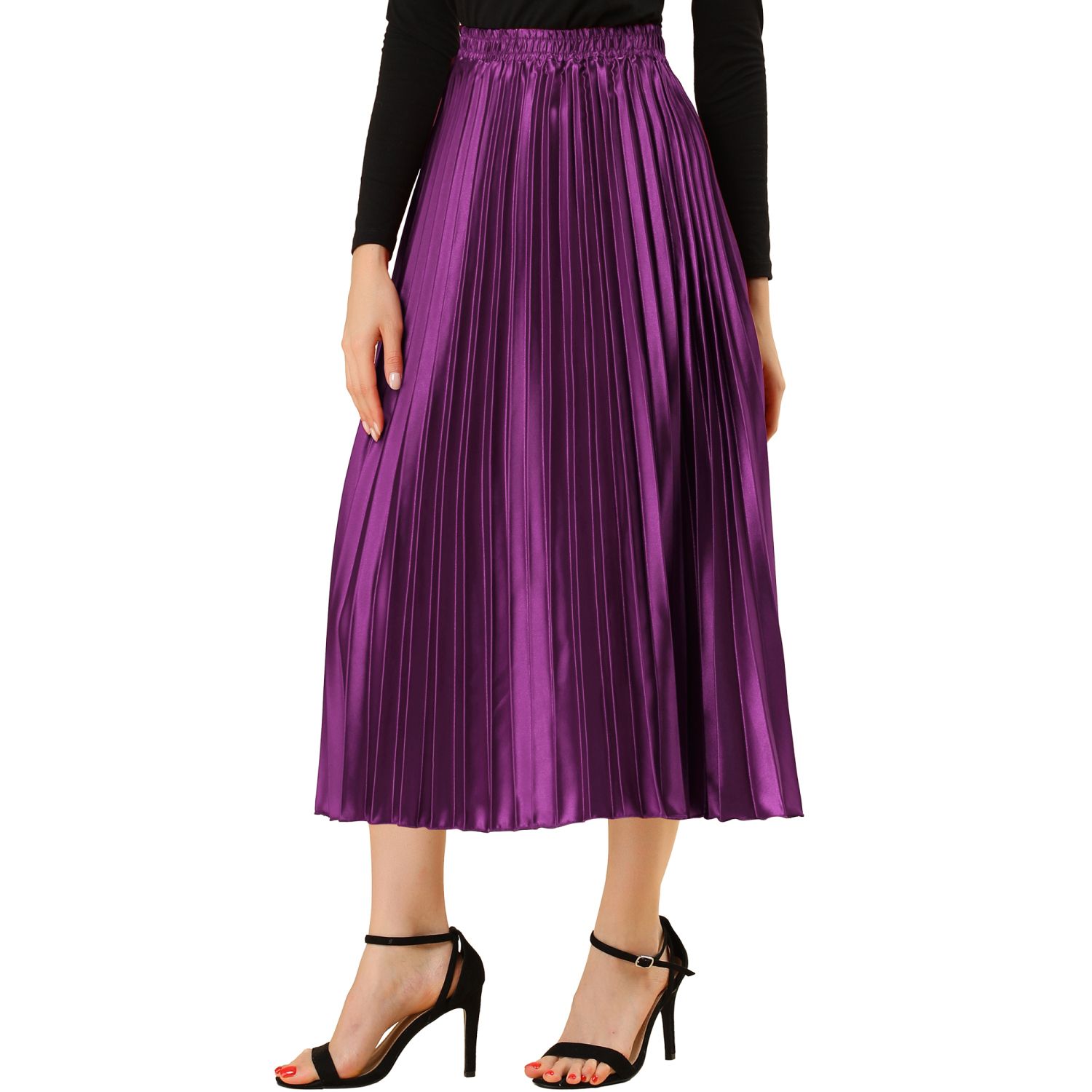 Women's Elastic Waist Metallic Shiny Accordion Pleated Midi Skirt