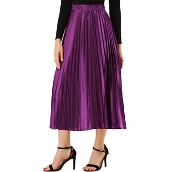 Women's Elastic Waist Metallic Shiny Accordion Pleated Midi Skirt