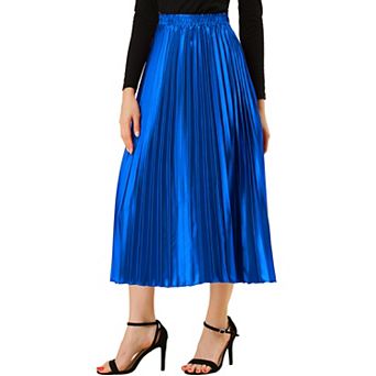 Women's Elastic Waist Metallic Shiny Accordion Pleated Midi Skirt