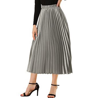 Women's Elastic Waist Metallic Shiny Accordion Pleated Midi Skirt