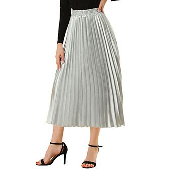 Women's Elastic Waist Metallic Shiny Accordion Pleated Midi Skirt