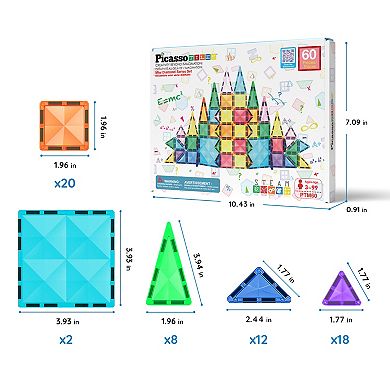 PicassoTiles Mini Diamond Magnetic Building Block, 60-Piece Set