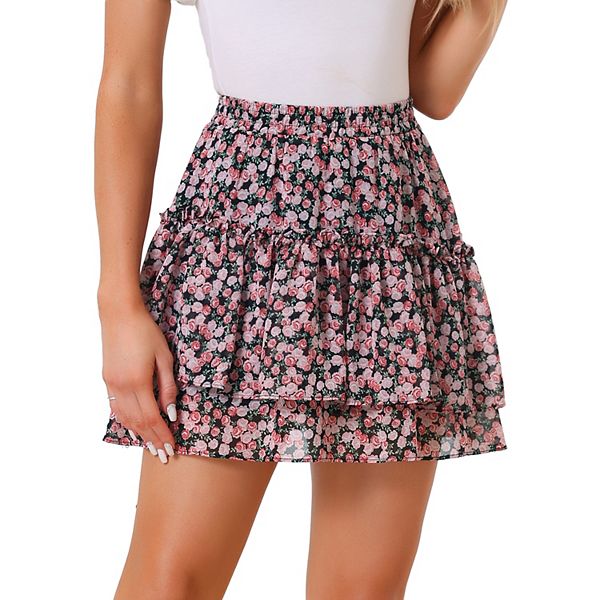 Women's Floral Elastic High Waist A-Line Mini Short Skirts