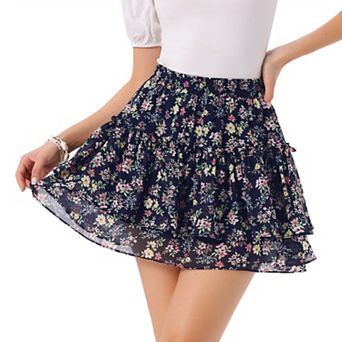 Women's Floral Elastic High Waist A-Line Mini Short Skirts