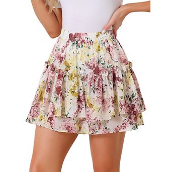 Women's Floral Elastic High Waist A-Line Mini Short Skirts