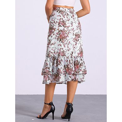 Women's Floral Print Elastic Waist Ruffle Hem Midi Skirt