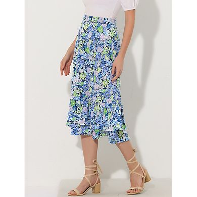 Women's Floral Print Elastic Waist Ruffle Hem Midi Skirt