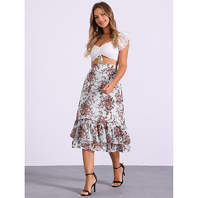 Women's Floral Print Elastic Waist Ruffle Hem Midi Skirt