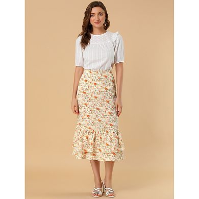 Women's Floral Print Elastic Waist Ruffle Hem Midi Skirt