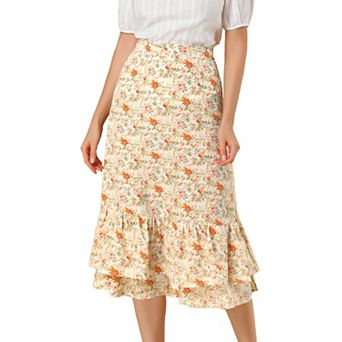 Women's Floral Print Elastic Waist Ruffle Hem Midi Skirt