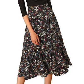 Women's Floral Print Elastic Waist Ruffle Hem Midi Skirt
