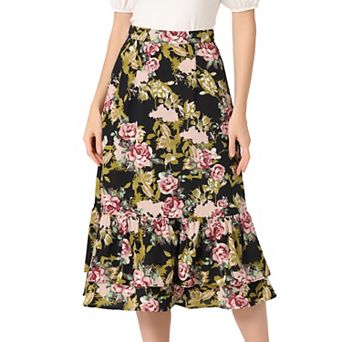 Women's Floral Print Elastic Waist Ruffle Hem Midi Skirt