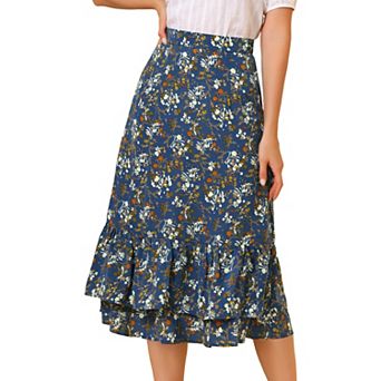 Women's Floral Print Elastic Waist Ruffle Hem Midi Skirt