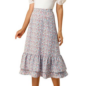 Women's Floral Print Elastic Waist Ruffle Hem Midi Skirt