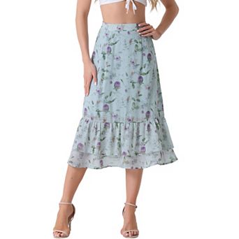 Women's Floral Print Elastic Waist Ruffle Hem Midi Skirt