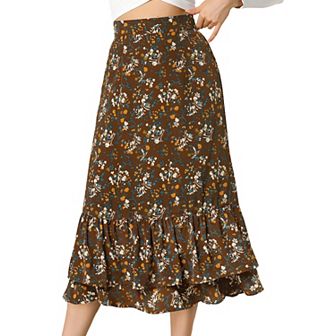 Women's Floral Print Elastic Waist Ruffle Hem Midi Skirt