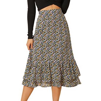 Women's Floral Print Elastic Waist Ruffle Hem Midi Skirt
