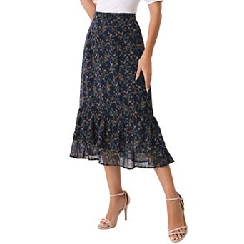 Women's Floral Print Elastic Waist Ruffle Hem Midi Skirt