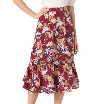 Women's Floral Print Elastic Waist Ruffle Hem Midi Skirt