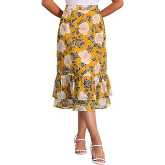 Women's Floral Print Elastic Waist Ruffle Hem Midi Skirt