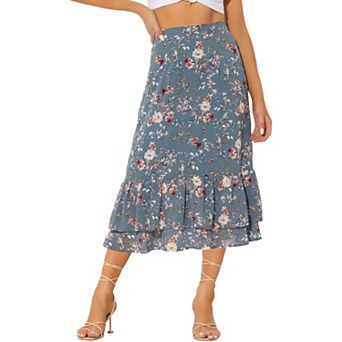 Women's Floral Print Elastic Waist Ruffle Hem Midi Skirt